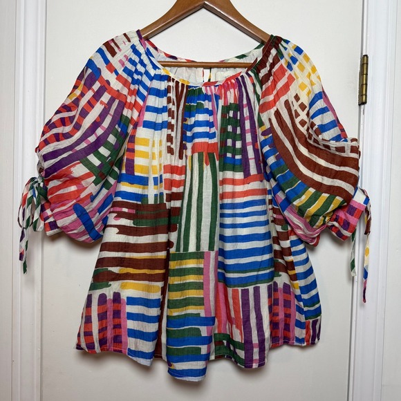 Pinch Tops - PINCH Patchwork Stripe Square Neck Puff Sleeve Tie Cuff Blouse Top M